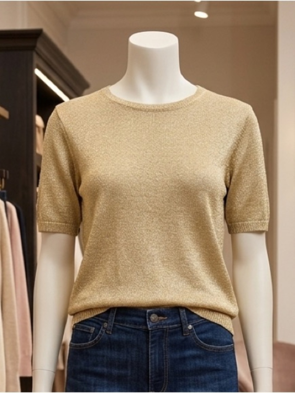 Short Sleeve Metallic Knit Tee in Gold